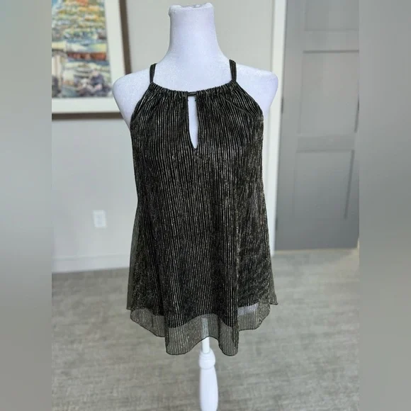 Metallic Black Gold Pleated Halter Top Sheer Overlay Date Night Party XS - Picture 9 of 12